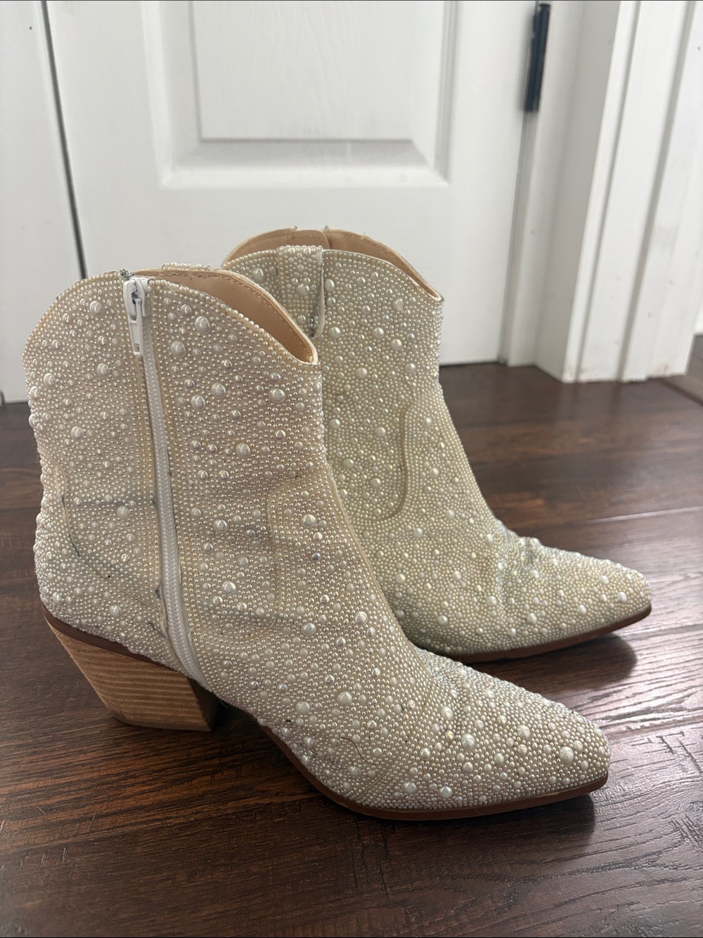 Pearl-Embellished Cream Ankle Boots - Women's Fashion Booties 8.5